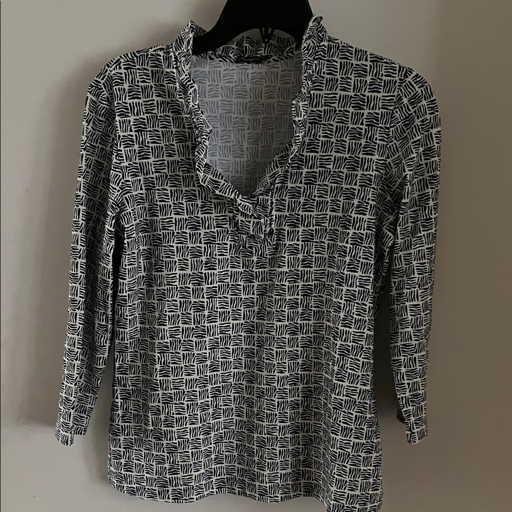 J. McLaughlin Durham Blue and White Geometric Blouse